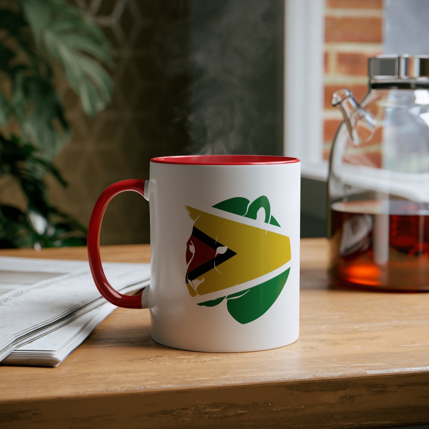 2-Guyana Flag Jaguar Print Ceramic Mug - White with Variant Accents Colours - 330ml