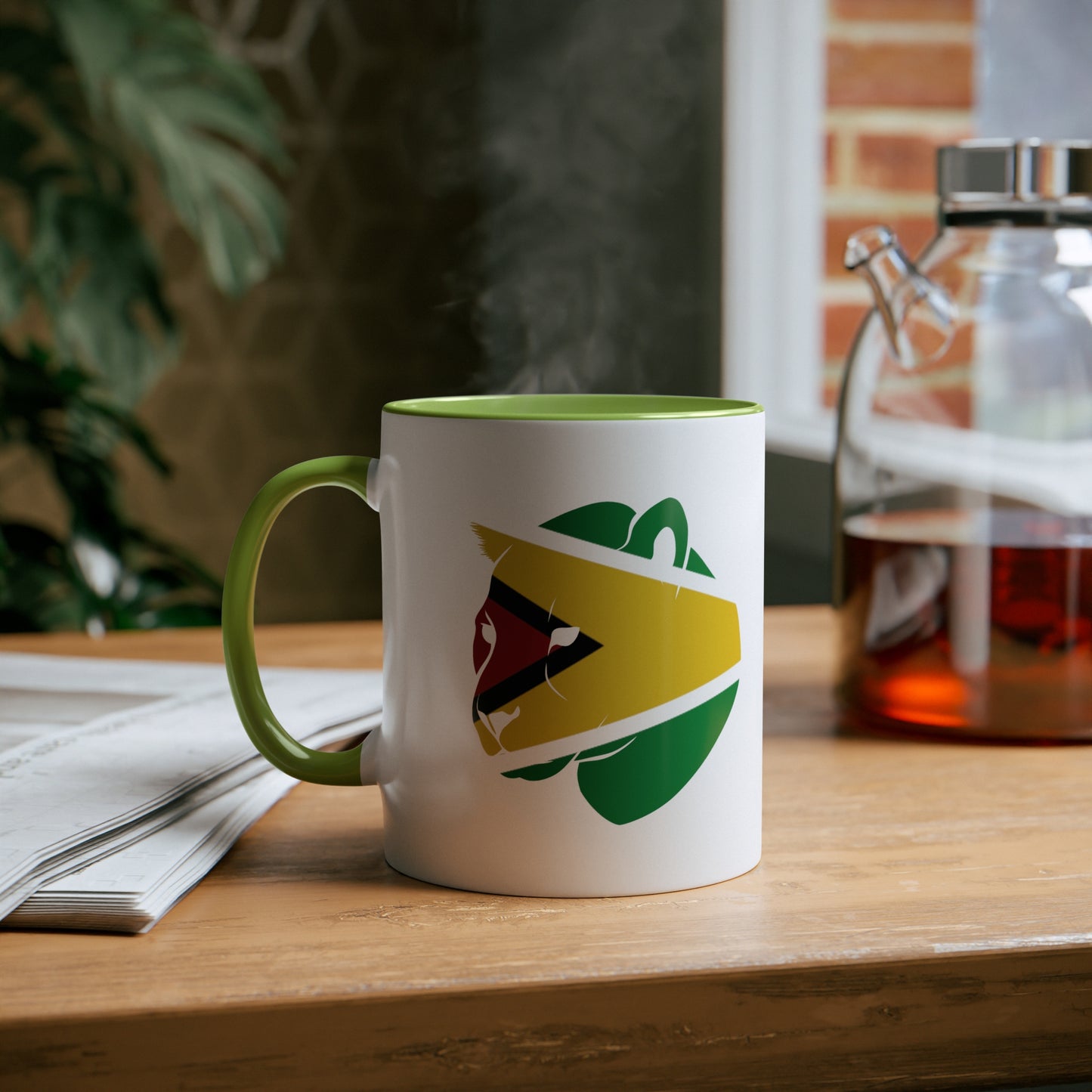 2-Guyana Flag Jaguar Print Ceramic Mug - White with Variant Accents Colours - 330ml